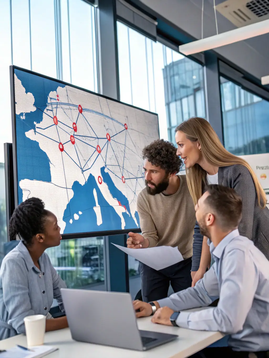 A digital illustration of a diverse team of logistics experts collaborating on a vehicle import/export project, showcasing Nothimporta's comprehensive support.