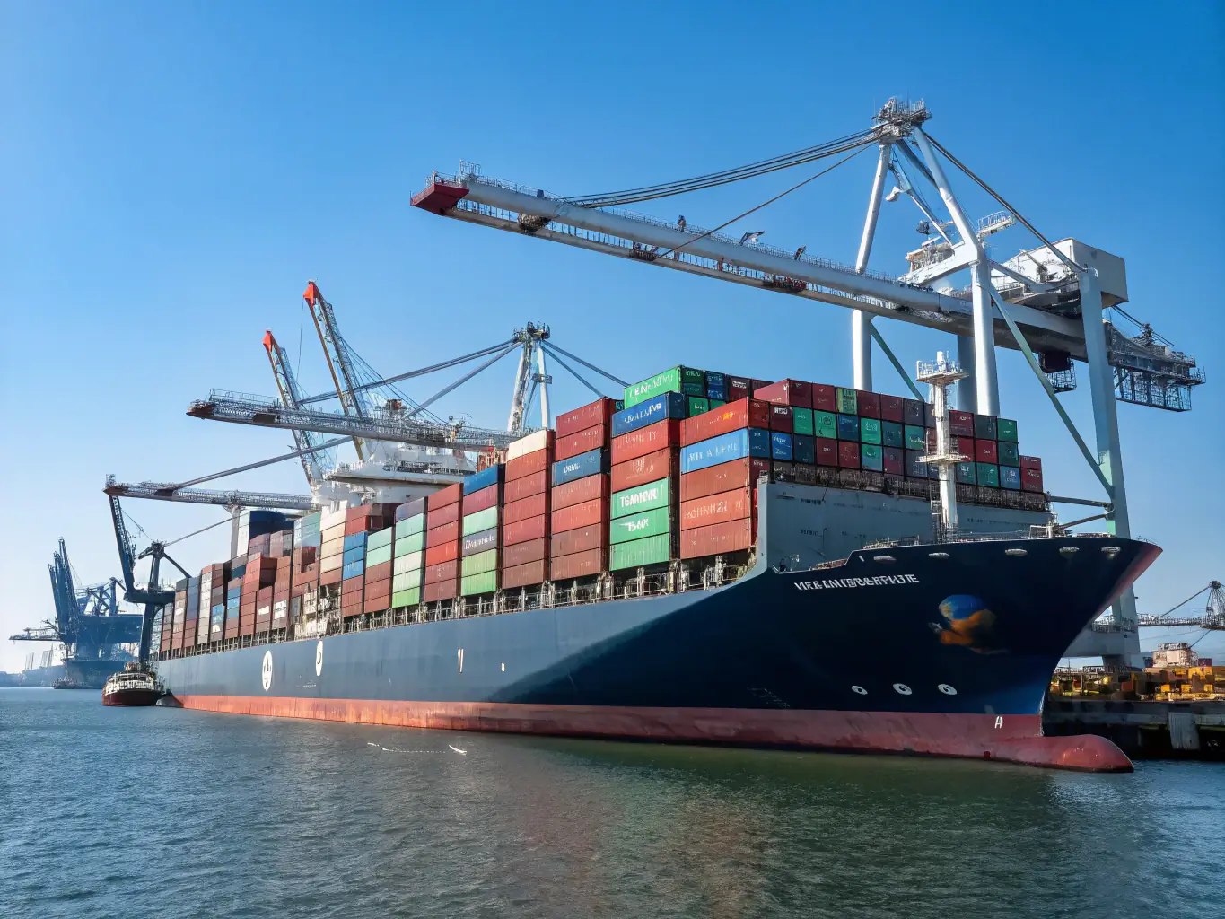 A modern cargo ship is loaded with various vehicles, including cars and trucks, ready for international transport. The scene emphasizes the scale and efficiency of global vehicle logistics.