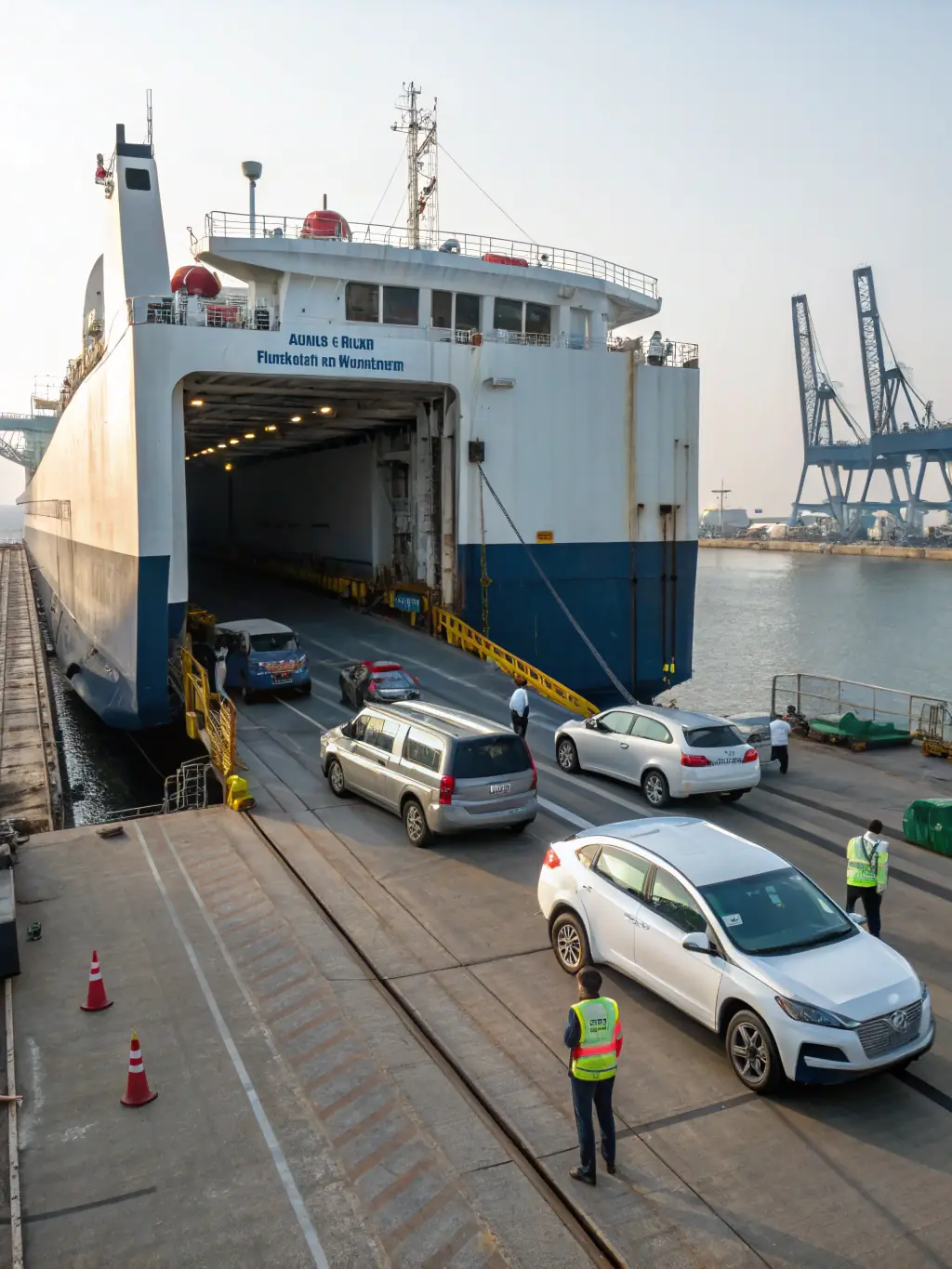 A professional photo of a modern car carrier ship at sea, loaded with various vehicles, symbolizing Nothimporta's efficient vehicle import/export services.